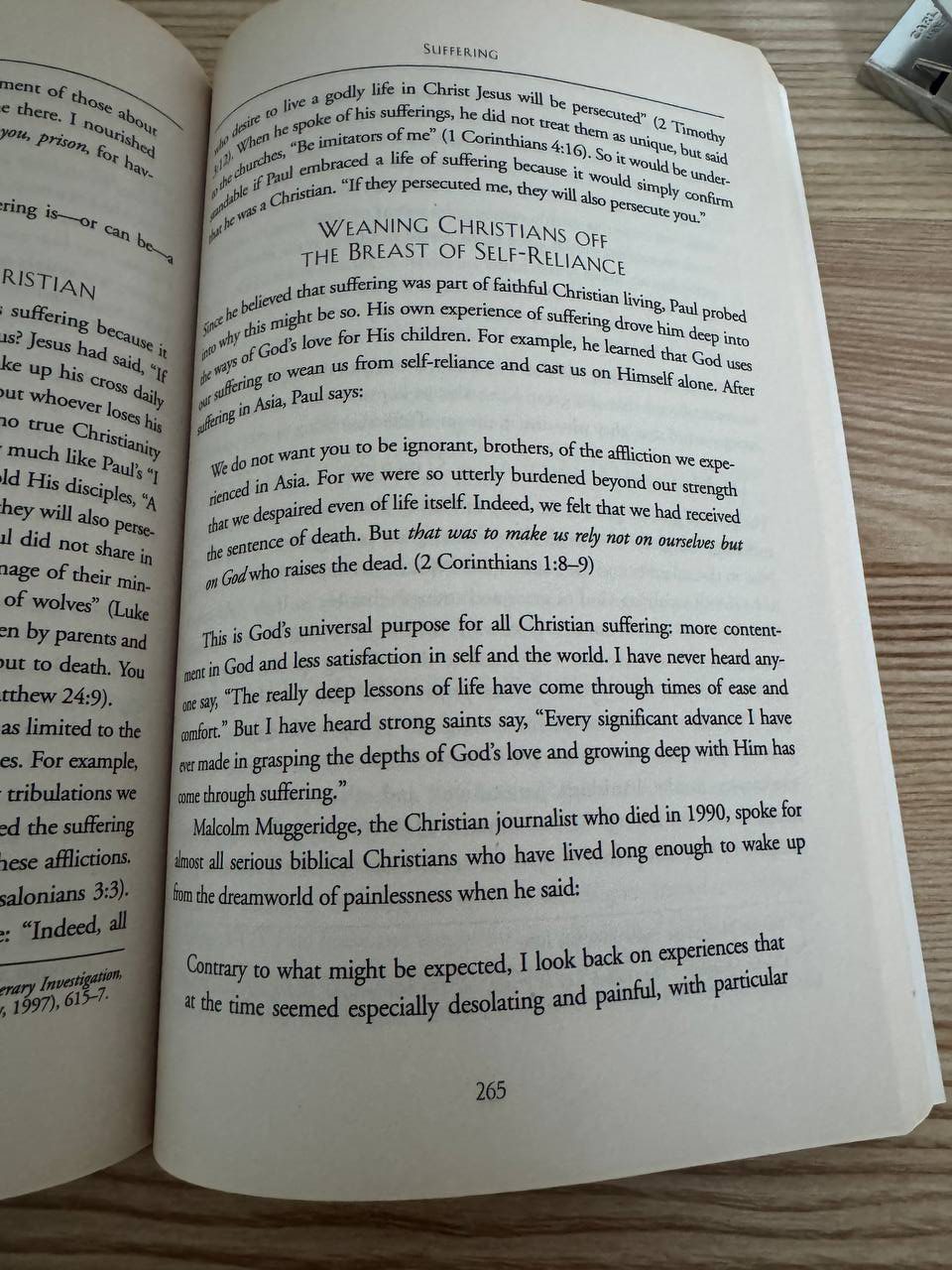 『Desiring God』265ページ、苦難を扱う章。「WEANING CHRISTIANS OFF THE BREAST OF SELF-RELIANCE」という見出しで、コリント第二1章8-9節が引用されている