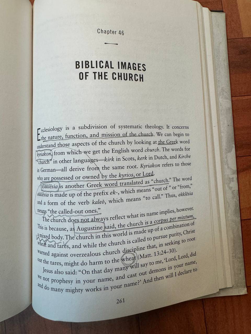 『Everyone’s a Theologian』261ページ、教会の聖書的イメージの章。kyriakon、ekklēsia、アウグスティヌスの corpus per mixtum に囲み線が引かれている