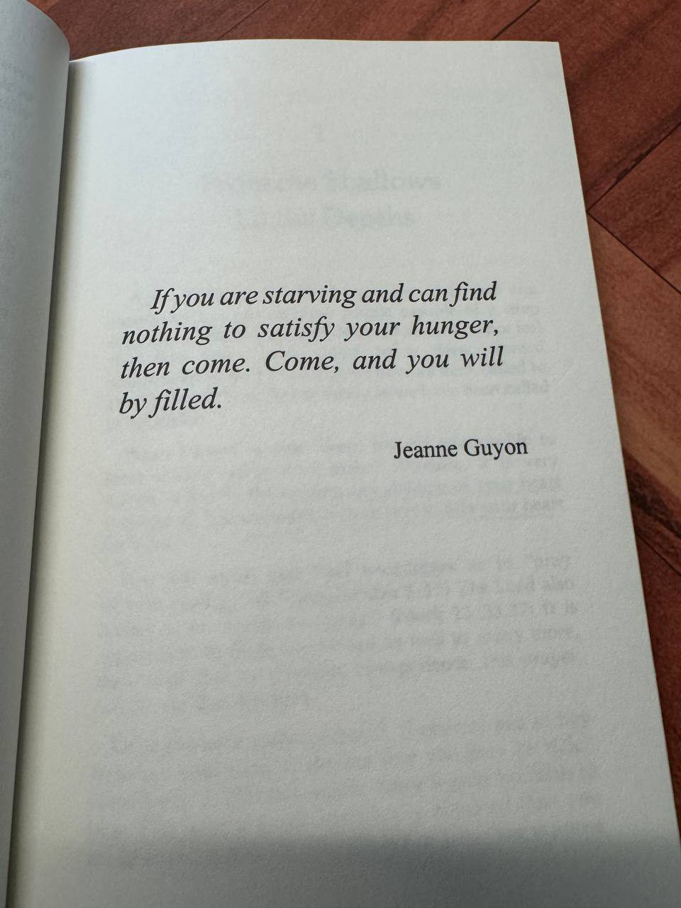 献辞ページに置かれた引用。「If you are starving and can find nothing to satisfy your hunger, then come. Come, and you will be filled.」とイタリック体で組まれ、下に Jeanne Guyon の署名がある