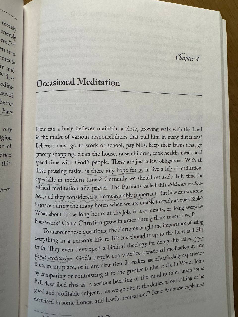 本文の第4章「Occasional Meditation」の冒頭ページ。仕事や学校、支払い、庭の手入れ、買い物、掃除、子育て、食事作りといった忙しさを列挙した上で、「is there any hope for us to live a life of meditation, especially in modern times?」という一文に下線が引かれている