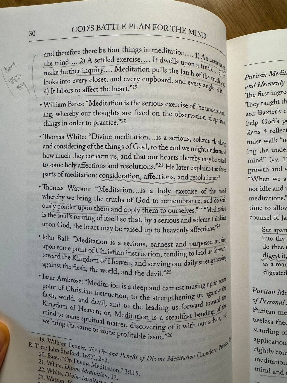 本文30ページの見開き。黙想の定義が箇条書きで並び、William Bates、Thomas White、Thomas Watson、John Ball、Isaac Ambrose それぞれの言葉が引用されている。「holy exercise of the mind」「consideration, affections, and resolutions」などに手書きの線が引かれている
