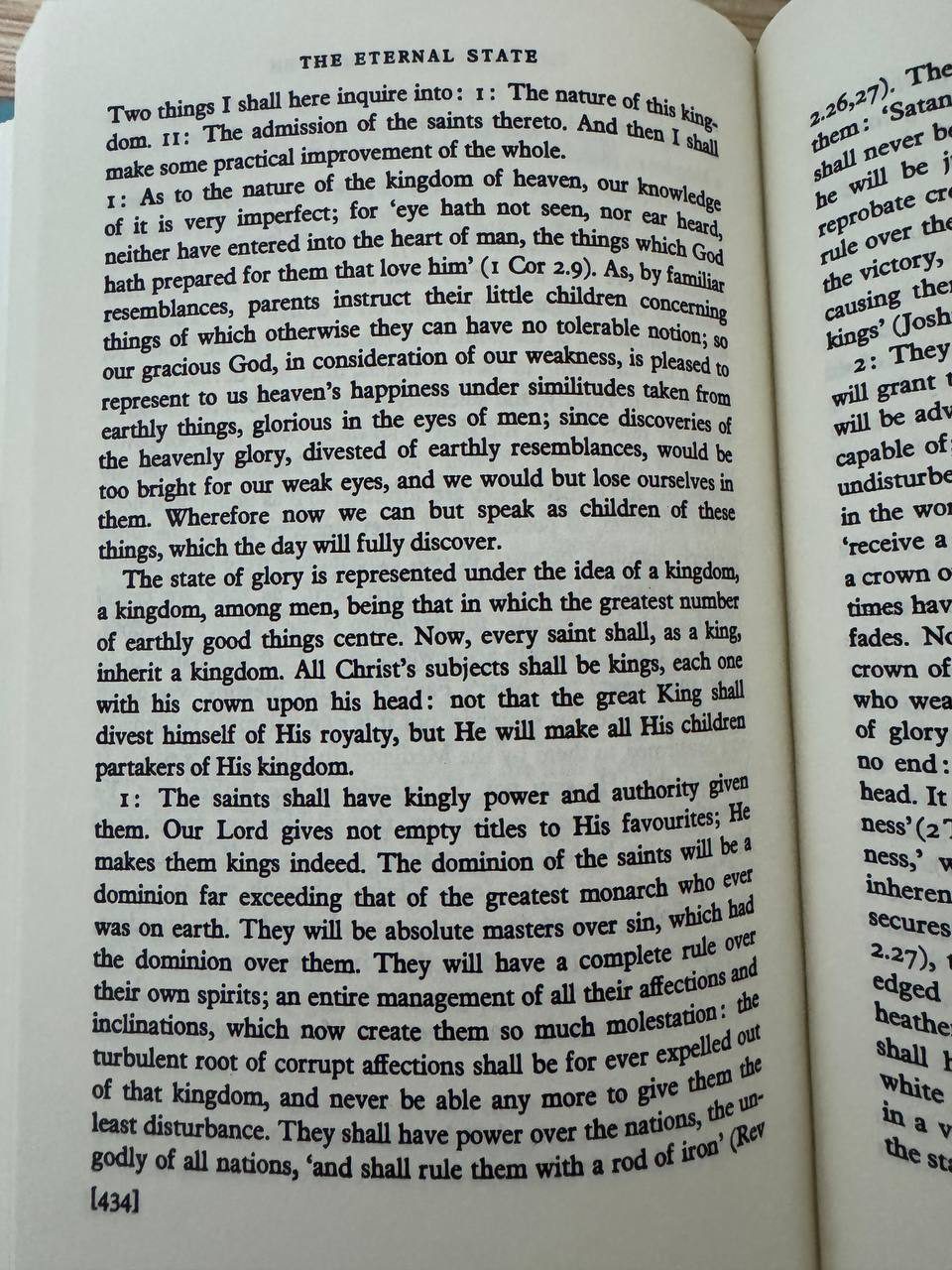 『Human Nature in Its Fourfold State』434ページ。「THE ETERNAL STATE」の章で、聖徒が王として罪を治めるようになると書かれている