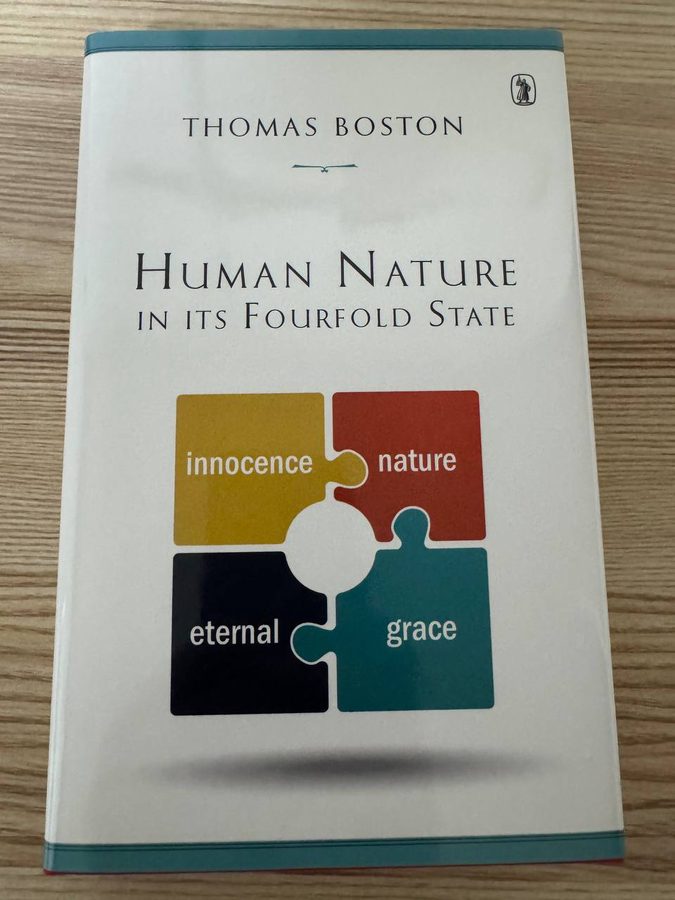 トマス・ボストン『Human Nature in Its Fourfold State』の表紙。innocence・nature・grace・eternal と書かれた四つのパズルピースが黄・赤・緑・黒で組み合わさっている