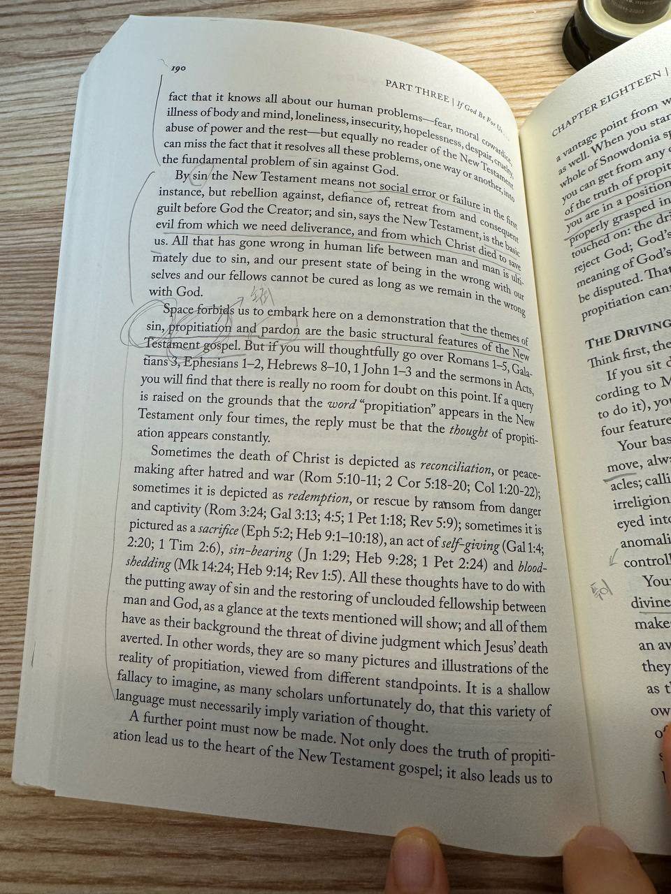『Knowing God』p.190。宥めについて論じるページに丸印と下線がある