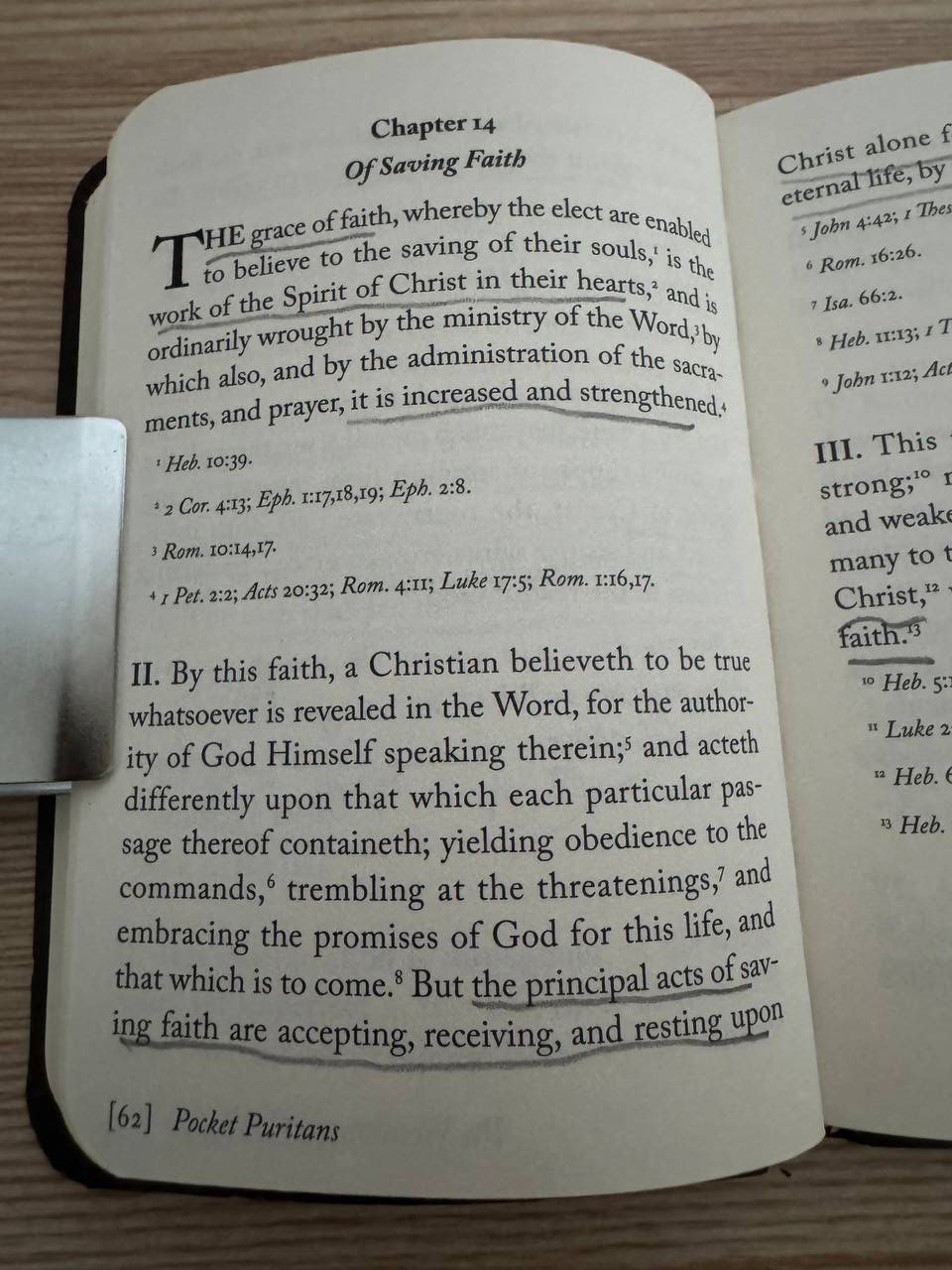 第14章「Of Saving Faith」のページ。「the work of the Spirit of Christ in their hearts」「the principal acts of saving faith are accepting, receiving, and resting upon」に下線