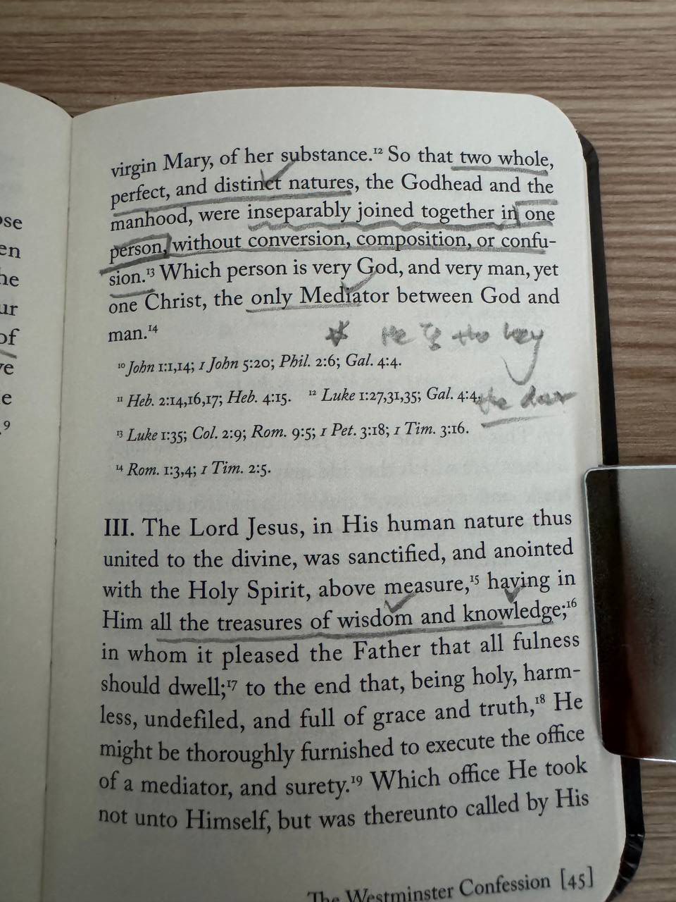 キリストの二性一位格を述べる箇所。「two whole, perfect, and distinct natures」「the only Mediator」に何重にも線が引かれ、余白に英語の走り書きがある